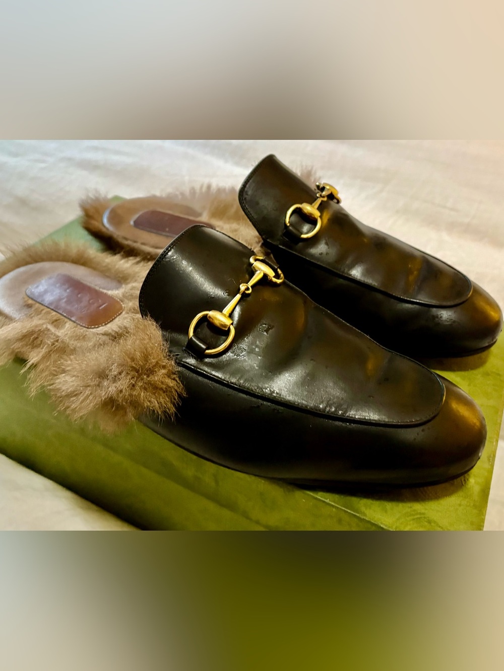 Gucci Black Leather Fur-Trim Horsebit Loafers with Gold Hardware